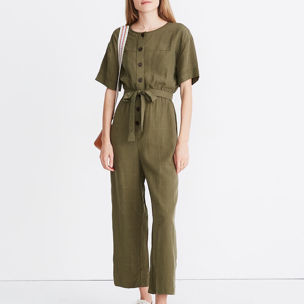 Madewell Short-Sleeved Olive Army Green Tencel/Lyocell Button-Down Jumpsuit, S